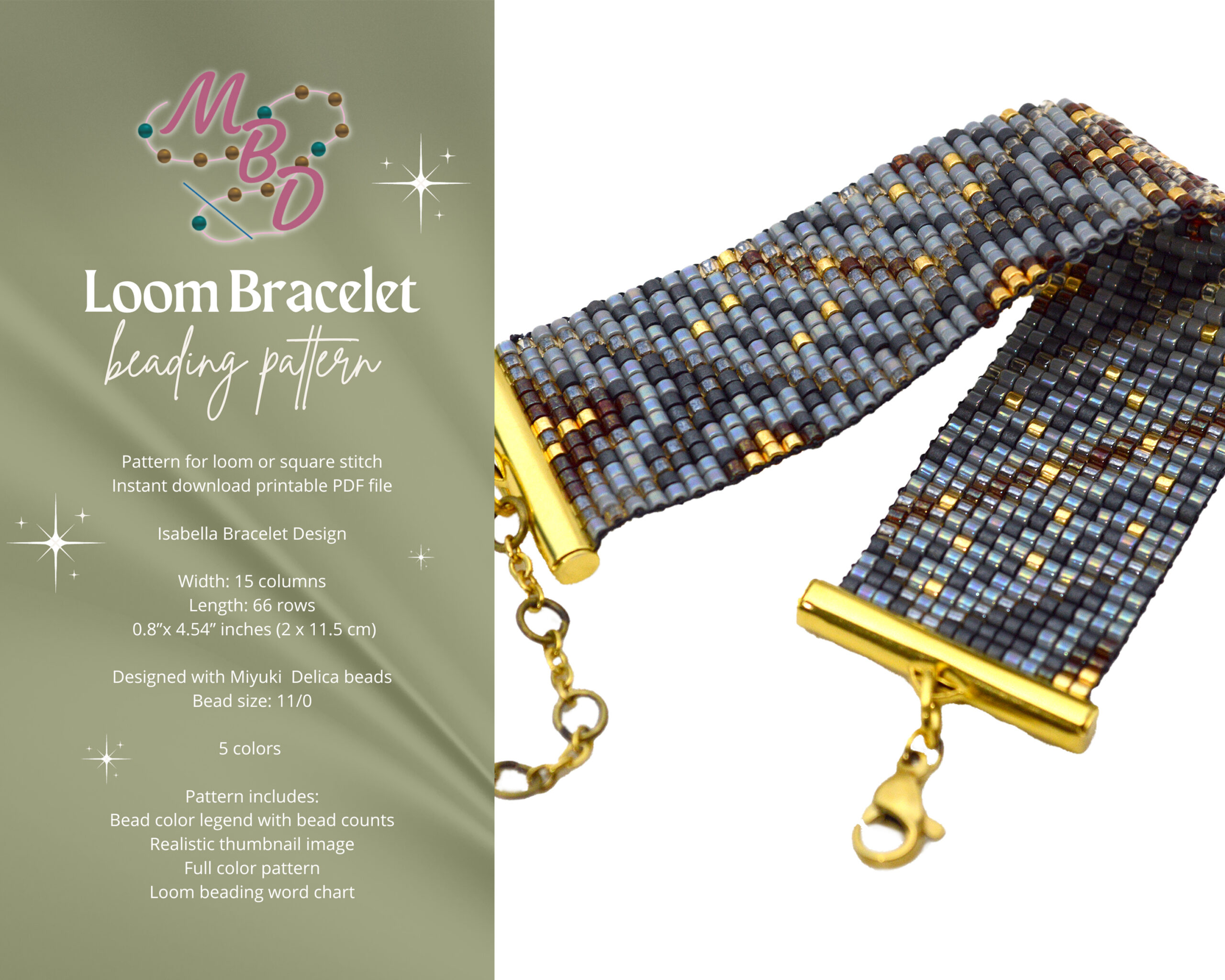 Loom Bracelet Beading Pattern, Bead Diagram, Miyuki Delica Design with Word Chart, Modern Art Deco Boho DIY Jewelry Making, Square Stitch