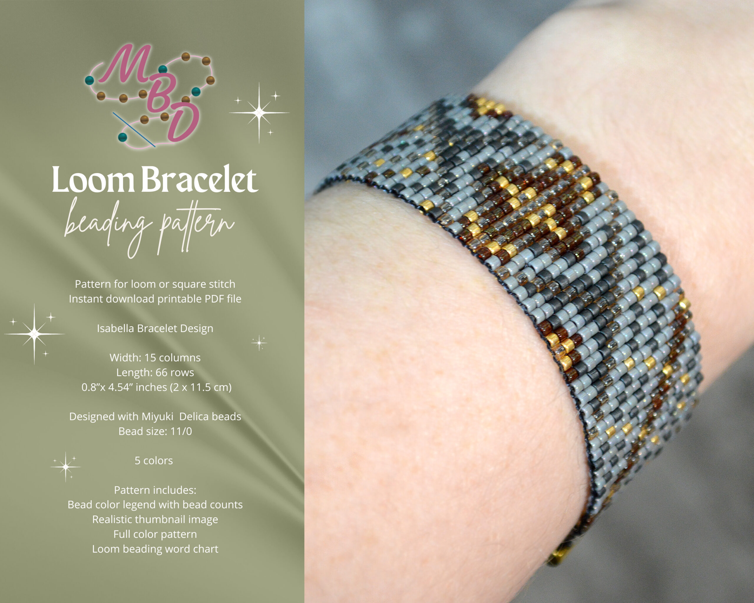 Loom Bracelet Beading Pattern, Bead Diagram, Miyuki Delica Design with Word Chart, Modern Art Deco Boho DIY Jewelry Making, Square Stitch