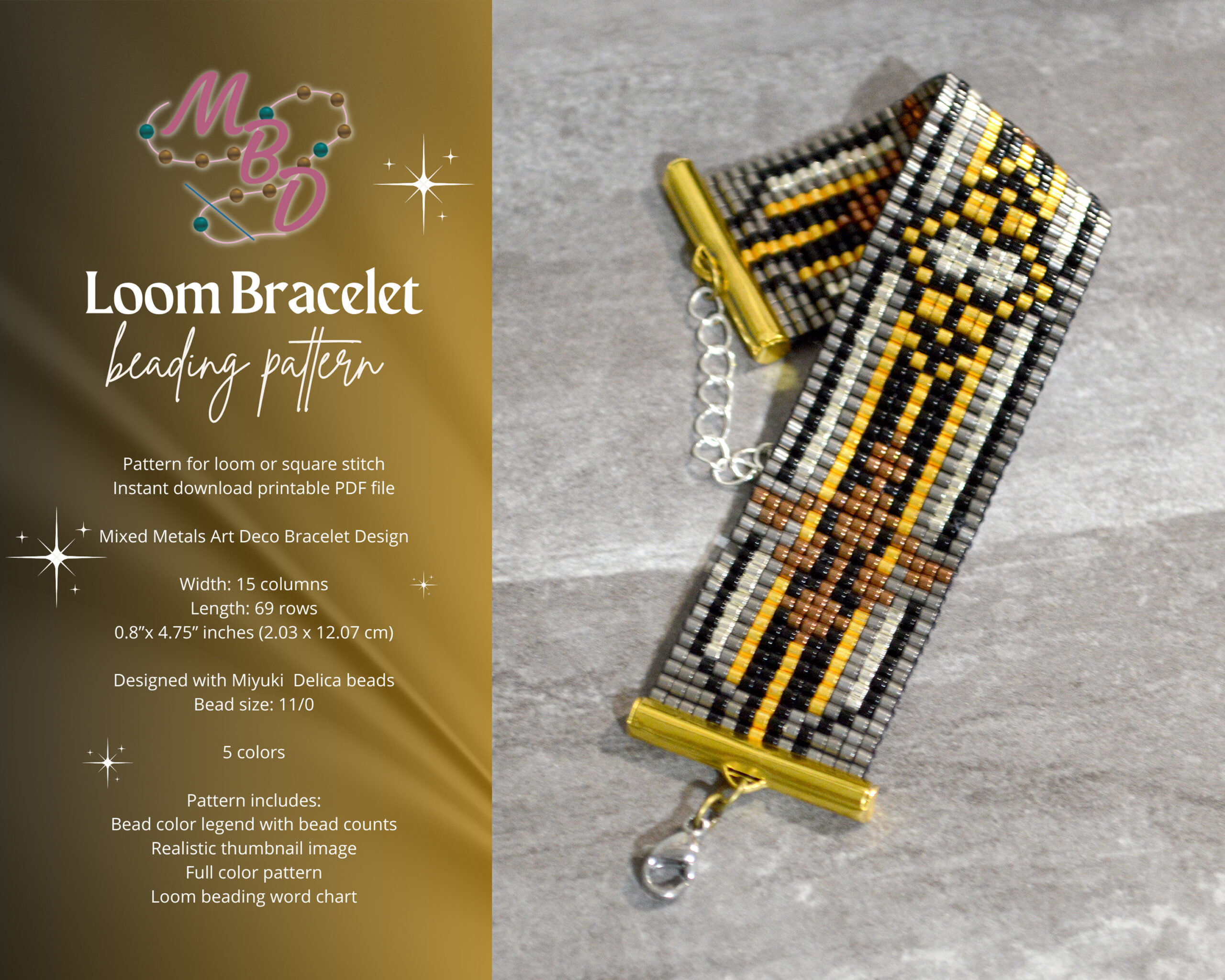 Art Deco Bracelet in Mixed Metals Beading Pattern Loom Stitch PDF Download