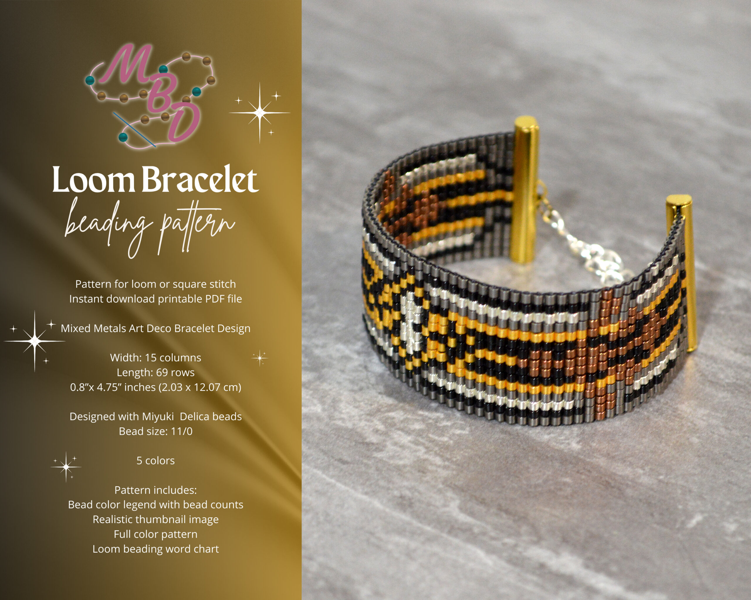 Mixed Metals Art Deco Loom Bracelet Pattern - Megan's Beaded Designs