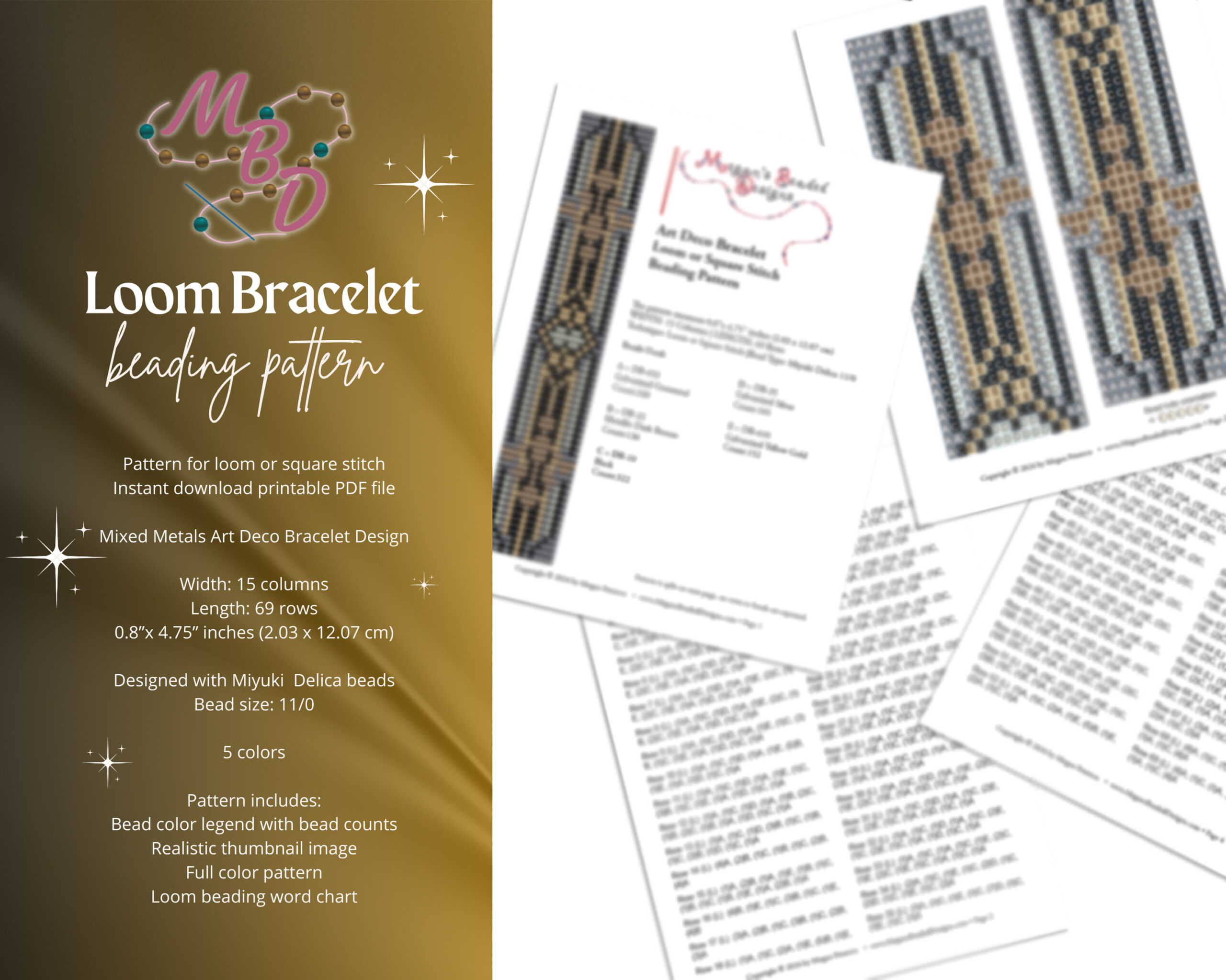 Art Deco Bracelet in Mixed Metals Beading Pattern Loom Stitch PDF Download