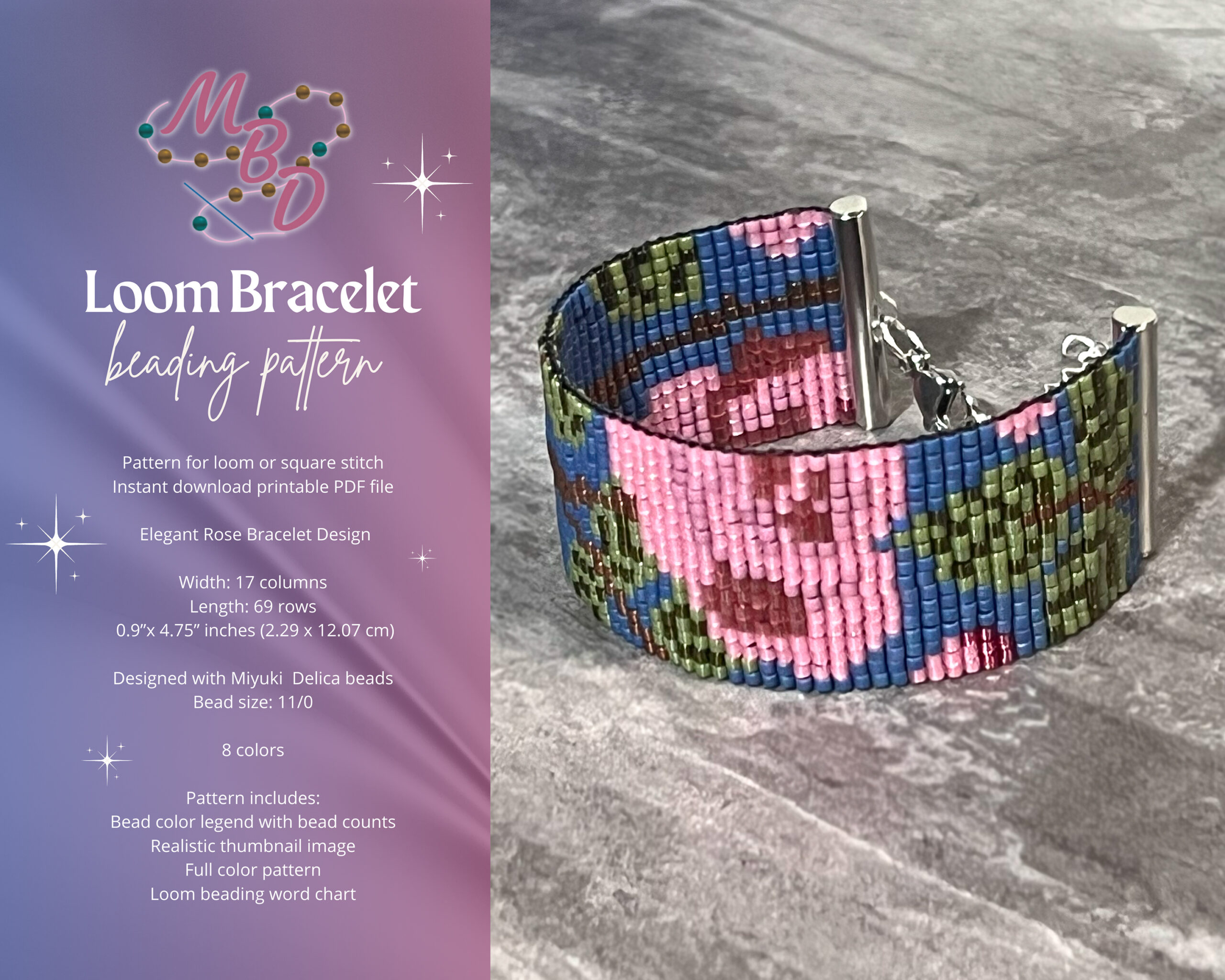 English rose beaded loom bracelet pattern instant download PDF file