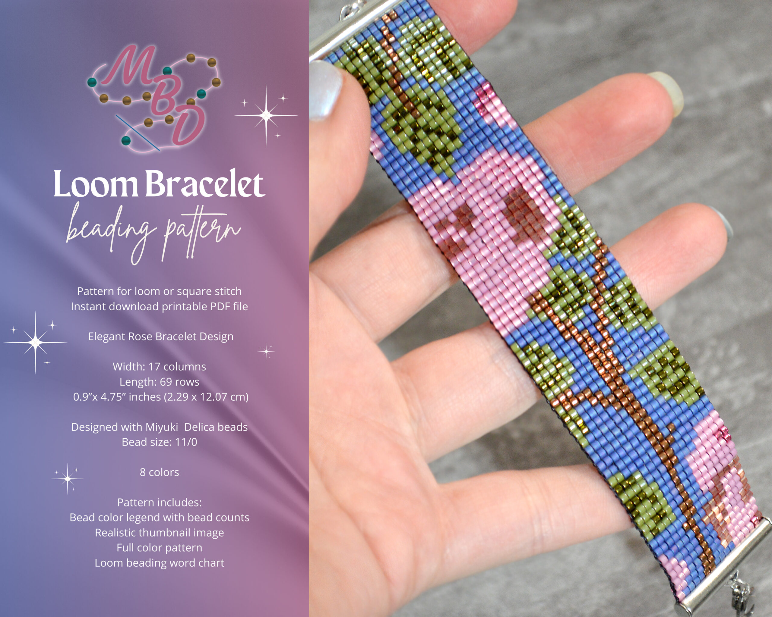 English rose beaded loom bracelet pattern instant download PDF file